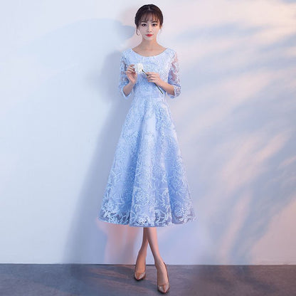 Elbow-Sleeve Floral Applique A-Line Cocktail Dress / Gown