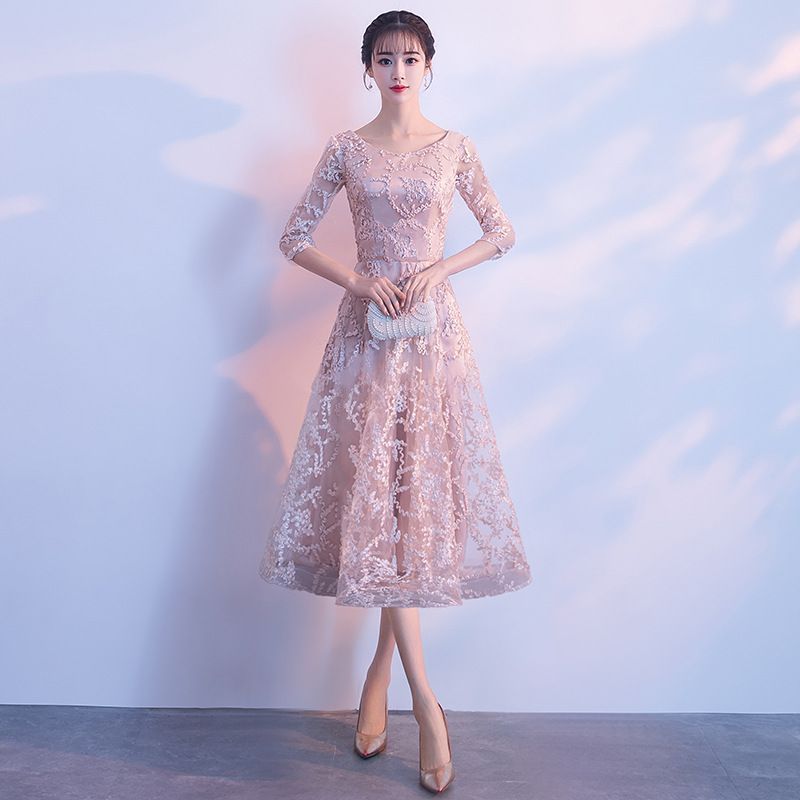 Elbow-Sleeve Floral Applique A-Line Cocktail Dress / Gown