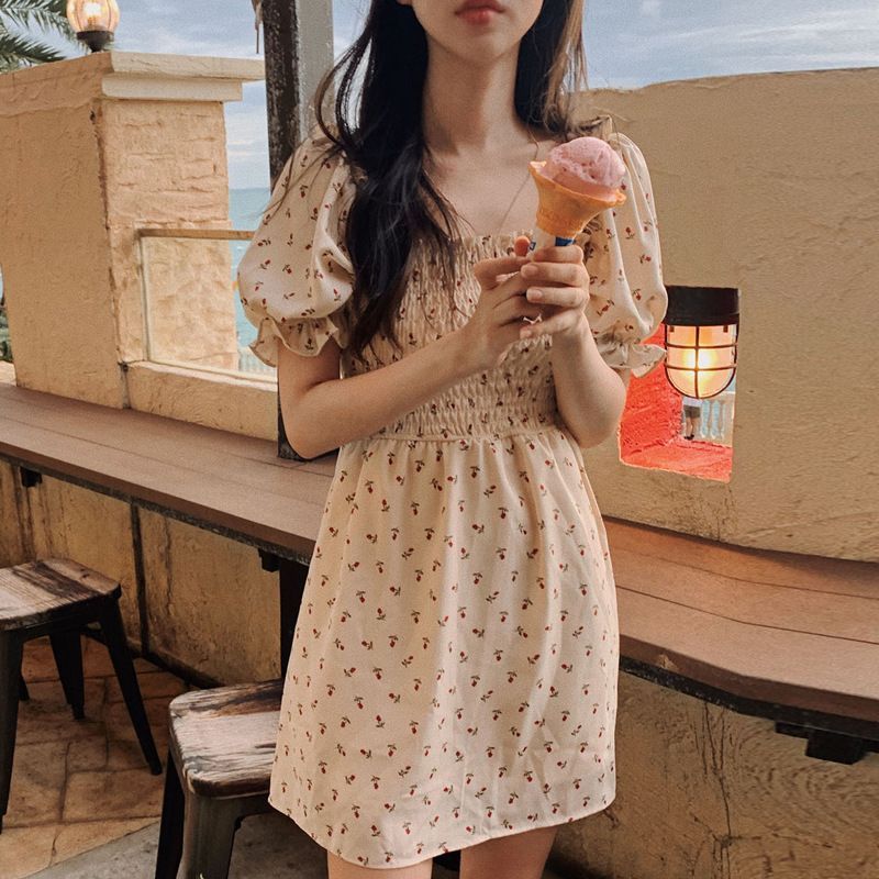 Puff Sleeve Square Neck Floral Mini Smock Dress