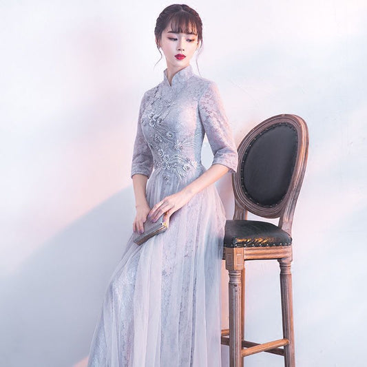 Lace Elbow-Sleeve Sheath Evening Gown