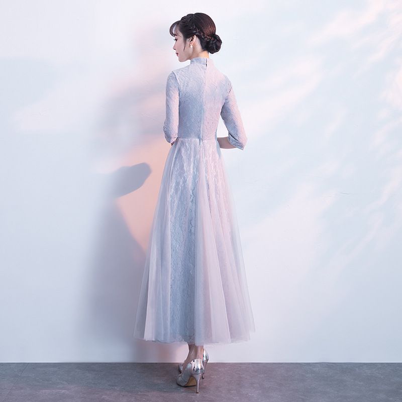 Lace Elbow-Sleeve Sheath Evening Gown