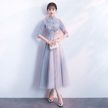 Lace Elbow-Sleeve Sheath Evening Gown