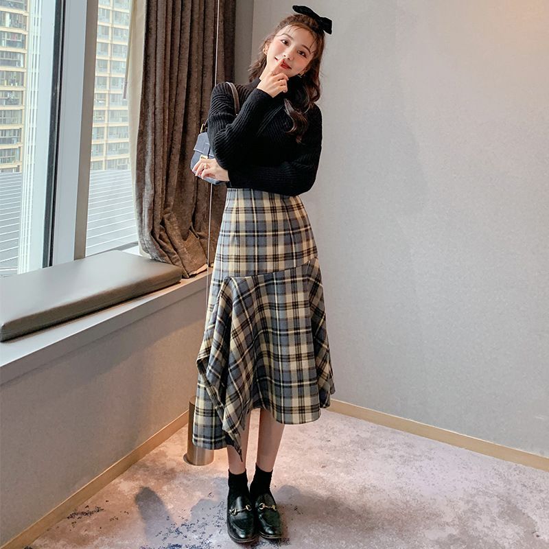 Plaid Asymmetric Hem Mermaid Skirt