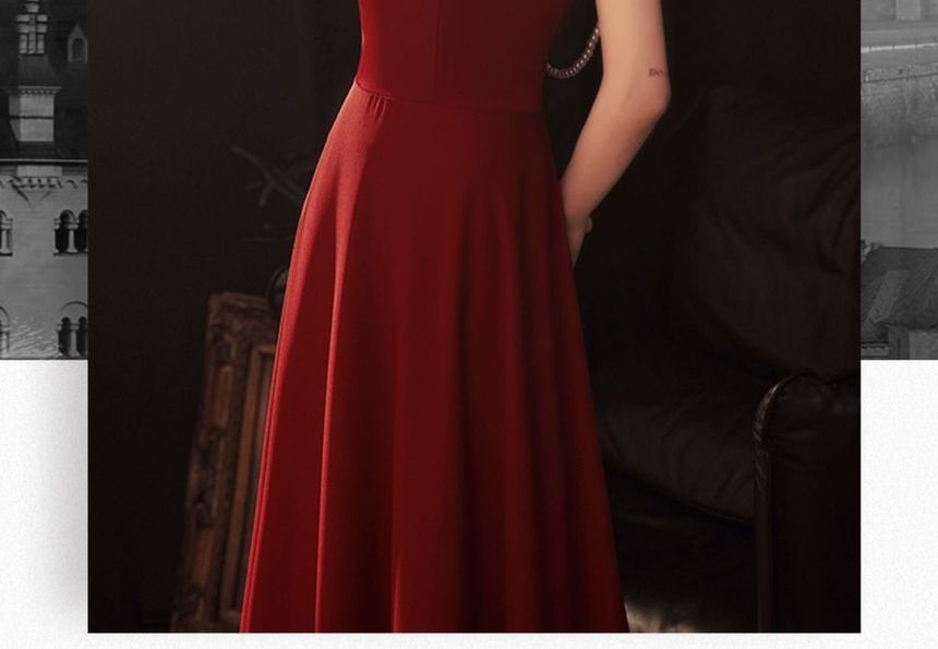 Sleeveless Faux Pearl Strap A-Line Evening Gown