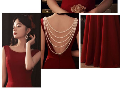 Sleeveless Faux Pearl Strap A-Line Evening Gown