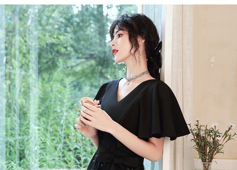 Short-Sleeve Glitter Mesh A-Line Gown