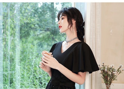 Short-Sleeve Glitter Mesh A-Line Gown