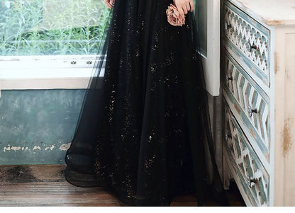 Short-Sleeve Glitter Mesh A-Line Gown