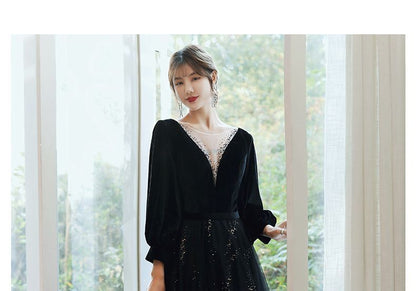 Long-Sleeve Glitter Velvet A-Line Gown