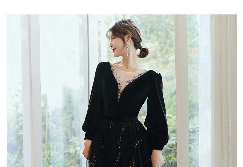 Long-Sleeve Glitter Velvet A-Line Gown