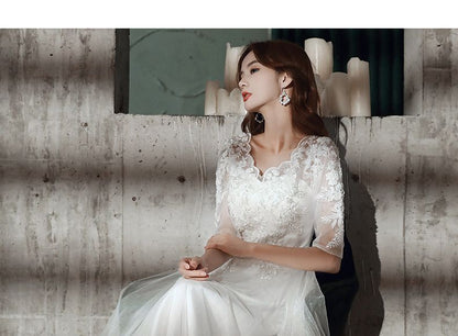 Short-Sleeve Floral Applique A-Line Gown