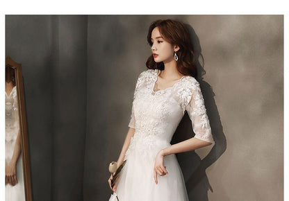 Short-Sleeve Floral Applique A-Line Gown