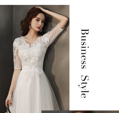 Short-Sleeve Floral Applique A-Line Gown