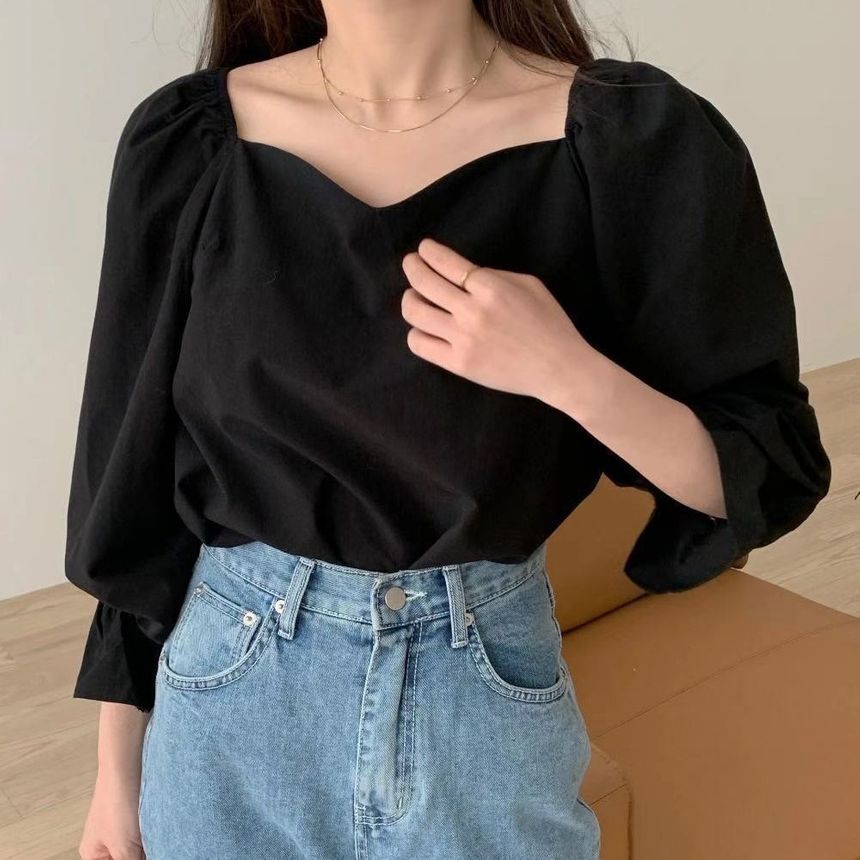 Puff Sleeve Square Neck Plain Blouse