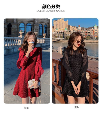 Langärmliges Chiffonkleid mit Rüschen