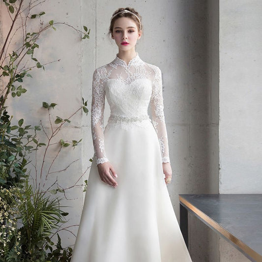 Stand Collar Long Sleeve Lace A-Line Wedding Dress