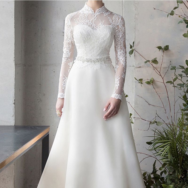 Stand Collar Long Sleeve Lace A-Line Wedding Dress