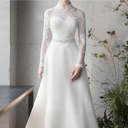 Stand Collar Long Sleeve Lace A-Line Wedding Dress