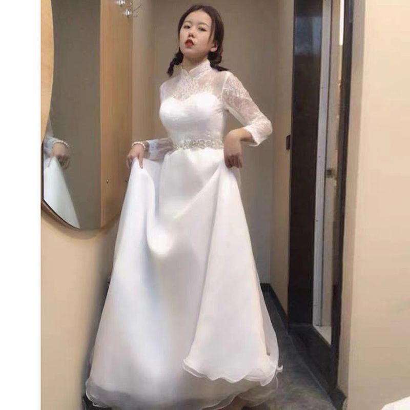 Stand Collar Long Sleeve Lace A-Line Wedding Dress