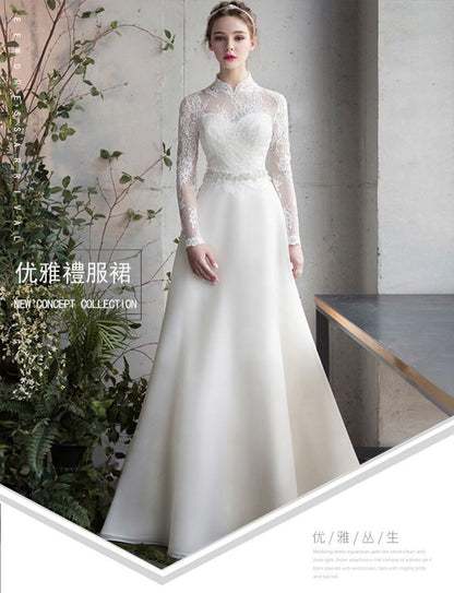 Stand Collar Long Sleeve Lace A-Line Wedding Dress