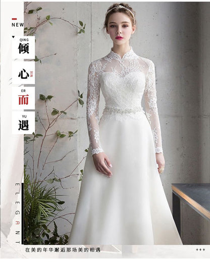 Stand Collar Long Sleeve Lace A-Line Wedding Dress