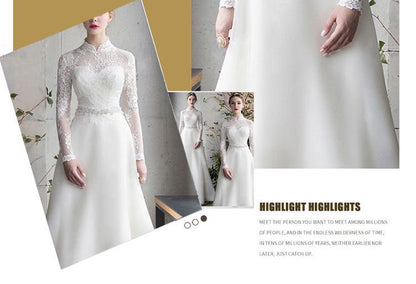 Stand Collar Long Sleeve Lace A-Line Wedding Dress