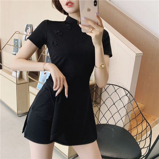 Set: Short-Sleeve Mini Qipao Dress + Shorts