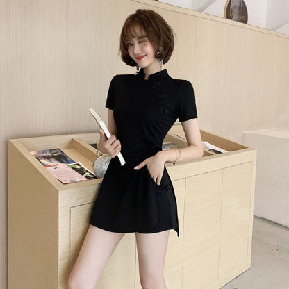 Set: Short-Sleeve Mini Qipao Dress + Shorts