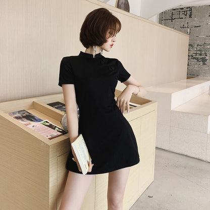 Set: Short-Sleeve Mini Qipao Dress + Shorts