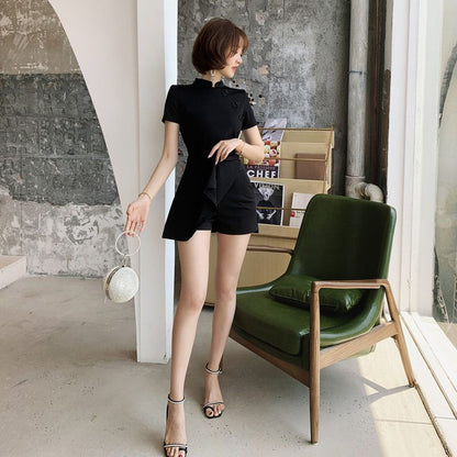 Set: Short-Sleeve Mini Qipao Dress + Shorts