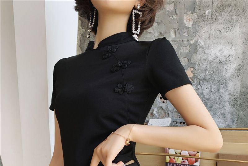 Set: Short-Sleeve Mini Qipao Dress + Shorts