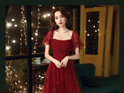 Short-Sleeve Mesh A-Line Gown / Midi Prom Dress