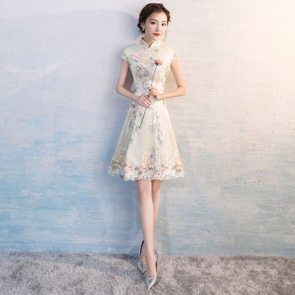 Elbow-Sleeve Lace Mini Qipao