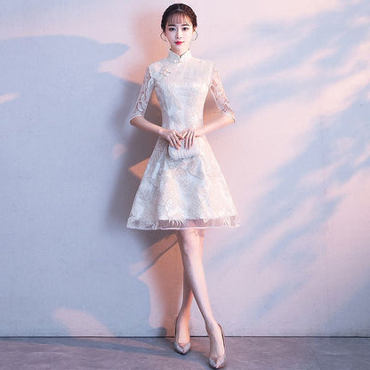 Elbow-Sleeve Lace Mini Qipao