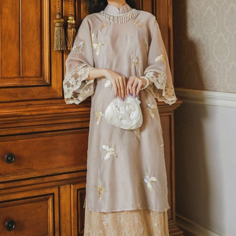 Elbow-Sleeve Floral Embroidered Qipao / Lace Slipdress / Set