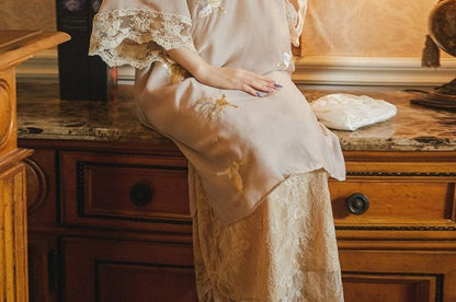 Elbow-Sleeve Floral Embroidered Qipao / Lace Slipdress / Set