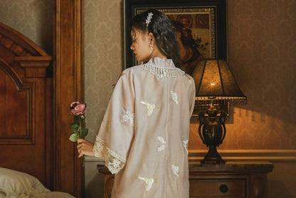 Elbow-Sleeve Floral Embroidered Qipao / Lace Slipdress / Set