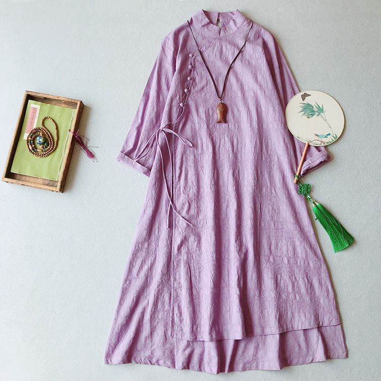 3/4-Sleeve Midi Linen Cheongsam