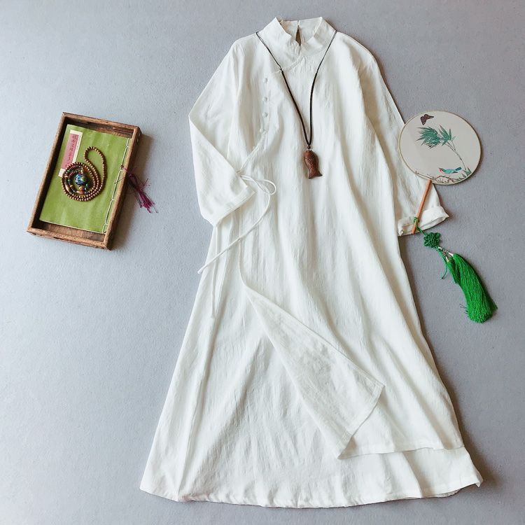 3/4-Sleeve Midi Linen Cheongsam