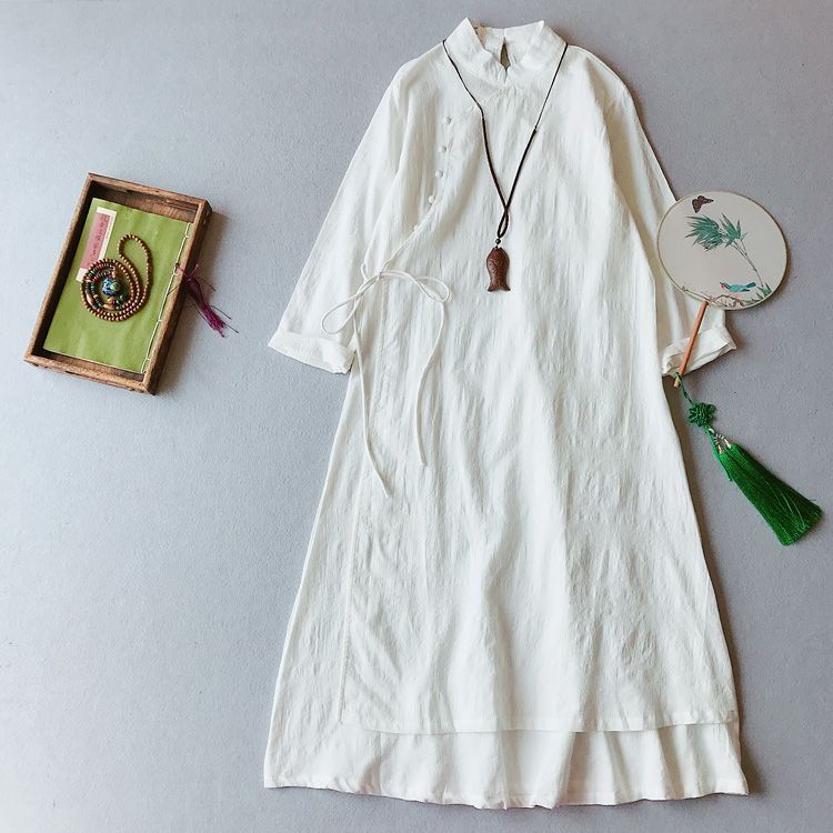 3/4-Sleeve Midi Linen Cheongsam