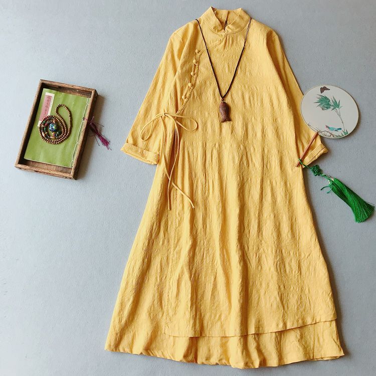 3/4-Sleeve Midi Linen Cheongsam