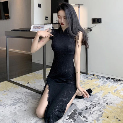 Sleeveless Lace Trim Slit Midi Qipao