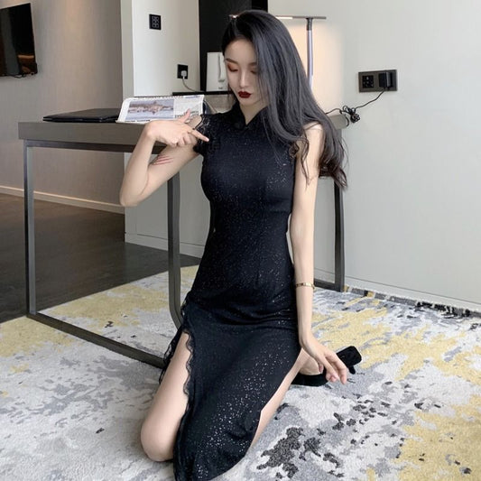 Sleeveless Lace Trim Slit Midi Qipao