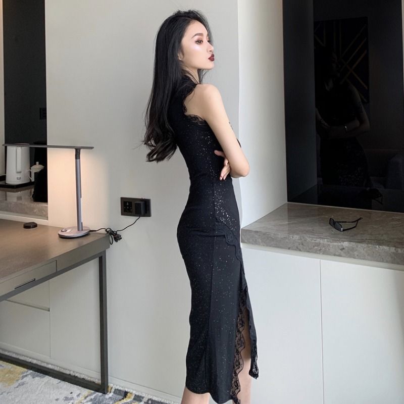 Sleeveless Lace Trim Slit Midi Qipao