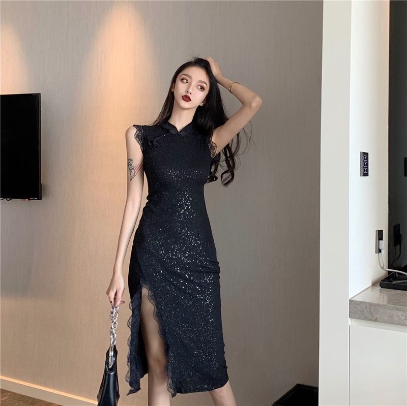 Sleeveless Lace Trim Slit Midi Qipao