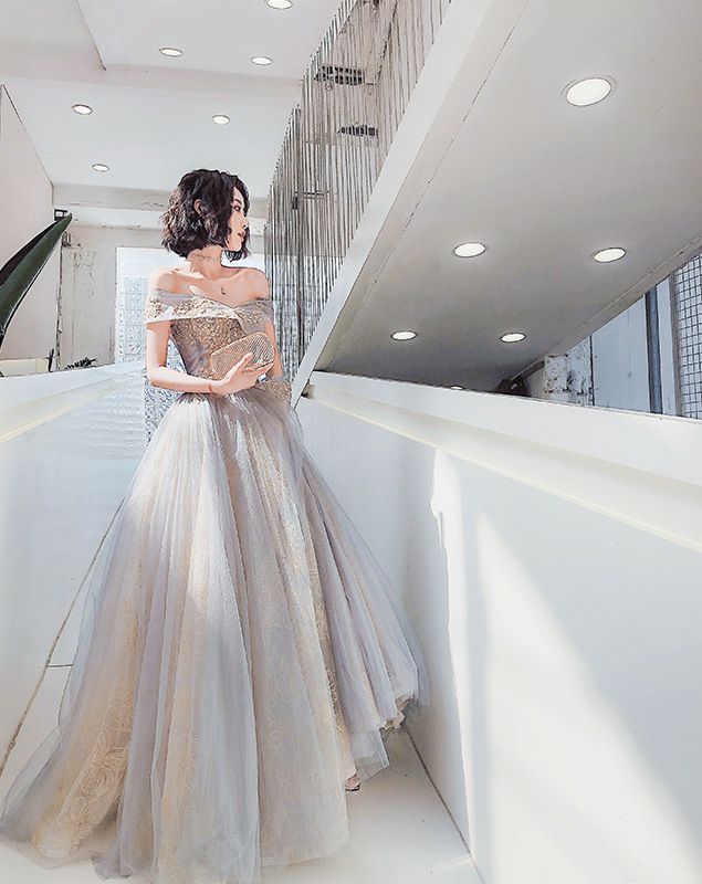 Off-Shoulder Embroidered A-Line Gown