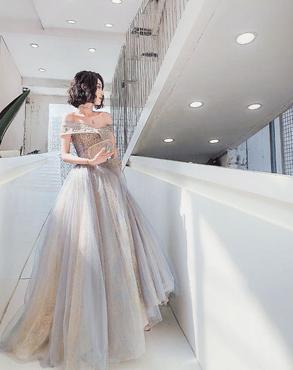 Off-Shoulder Embroidered A-Line Gown