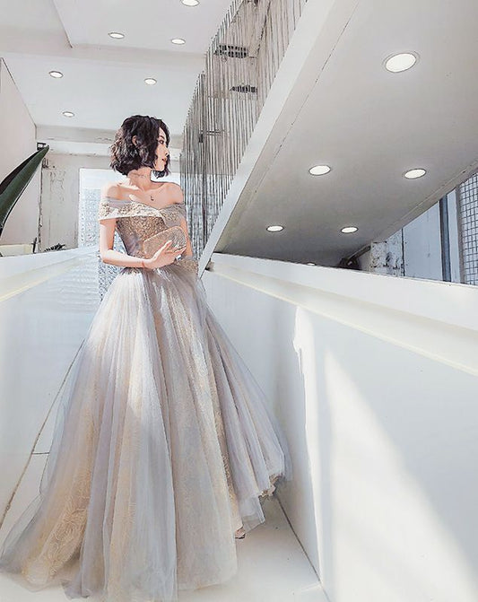 Off-Shoulder Embroidered A-Line Gown