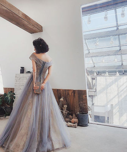 Off-Shoulder Embroidered A-Line Gown