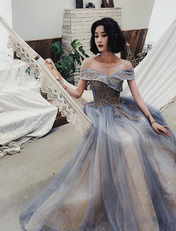 Off-Shoulder Embroidered A-Line Gown